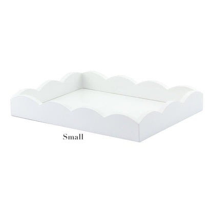 The Addison Ross Scalloped White Lacquer Tray Collection features a small, rectangular tray with a high gloss finish and scalloped edges, shown on a plain white background.