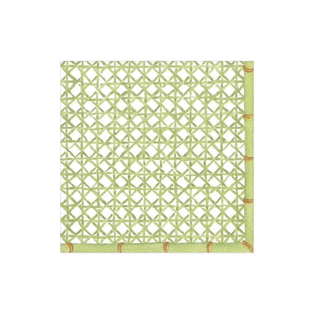 The Trellis Green Collection by Caspari features square, green biodegradable napkins with a lattice pattern and bordered edges—an eco-friendly choice perfect for any occasion.