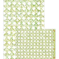 Two rectangular panels, one large and one smaller, with a green trellis lattice pattern overlap at the bottom right corner—evoking the eco-friendly Trellis Green Collection by Caspari.