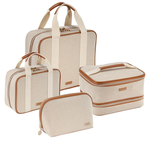 Introducing the Stephanie Johnson Tropea Travel Collection: A chic set of four beige travel bags with elegant tan trim. This collection from Stephanie Johnson features two larger rectangular bags with handles, a medium-sized boxy bag ideal for use as a makeup bag, and a small zippered pouch.