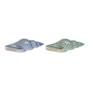Two Herend "Tulip Shell" ceramic figurines, each hand painted—one with a blue scale pattern, the other green—are displayed side by side on a white background, highlighting their artistic detail.