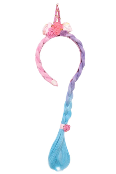 The Great Pretenders Unicorn Princess Hair Braid is an enchanting accessory adorned with a twisted horn, floral decorations, and a long braid transitioning from pink to purple to blue—perfect for adding a touch of fairy-tale fantasy to any outfit.