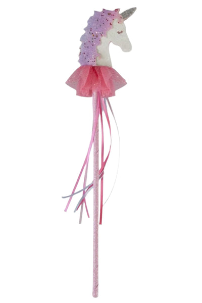 Description: The Great Pretenders Great P Fanciful Unicorn Wand showcases a white unicorn head adorned with a pink mane, silver horn, and pink tulle collar. Adding to the fairy-tale charm are the pink and purple ribbons extending from the collar. Its pink, glittery body makes it ideal for magical adventures.