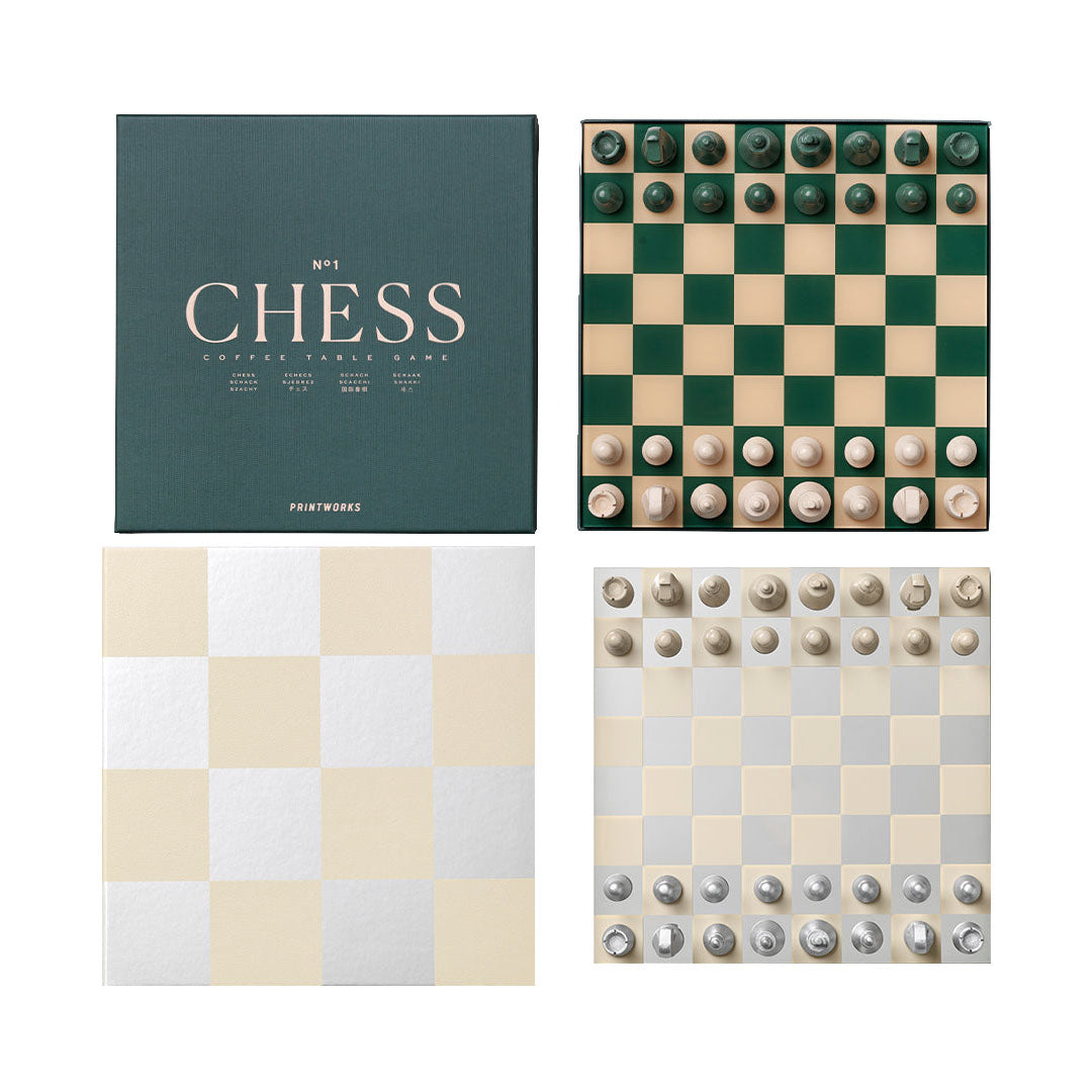The PrintWorks Chess Collection includes a box with two boards—green/beige and white/beige—and ready-to-play chess pieces. It's an ideal addition to your classic board games or Coffee Table Games collection.