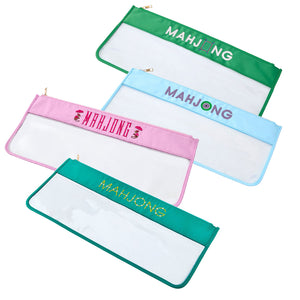 The Oh My Mahjong Mahjong Stitched Bag set includes four rectangular zippered pouches in green, blue, and pink with transparent bottoms—ideal for organizing your mahjong tiles in style.