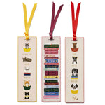 The Rifle Paper Co. Bookmark Collection includes three illustrated bookmarks with grosgrain ribbons: cats reading, classic books stack, and dogs reading—all in a whimsical design with unique reading-themed phrases at the bottom.
