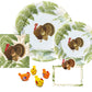 The Caspari Turkey Among Ferns Partyware Collection features two plates, a napkin with fern and turkey designs, a blank place card, and four toy chickens—perfect for autumn parties or Thanksgiving celebrations.