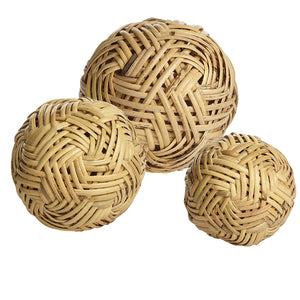 The Zodax Rattan Fill Ball Collection features three decorative balls of varying sizes on a white background, offering an organic touch ideal for stylish home decor.