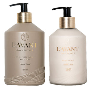 The Ambre Santal Collection by L'Avant Collective includes hand soap and hand lotion in neutral pump bottles, each offering a soothing sandalwood fragrance with luxury perfume notes.