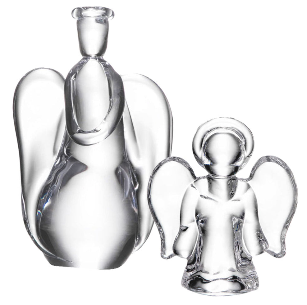Two clear glass angel figurines from the Angel Collection by Simon Pearce, one large and one small, are displayed side by side against a white background, highlighting the delicate artistry of each handmade ornament.