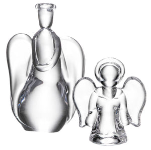 Two clear glass angel figurines from the Angel Collection by Simon Pearce, one large and one small, are displayed side by side against a white background, highlighting the delicate artistry of each handmade ornament.