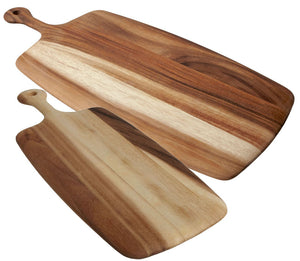 Two Be Home Acacia Wood Rectangular Board with Handle Collection boards of different sizes overlap on a white background.