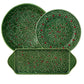 The Hive Holly Serveware Collection features three green ceramic dishes with embossed holly leaves and red berries—two round plates and a rectangular tray—perfect for festive holiday table settings.
