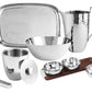 The Michael Aram Reflective Serveware Collection features high-polished stainless steel pieces—tray, pitcher, bowl, ice bucket with lid and tongs, and small bowls on a wooden tray—ideal for lovers of modern design.