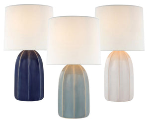 Three Melanie Large Table Lamps by Visual Comfort, featuring white silk shades and ceramic bases in navy blue, light blue, and white with reactive ceramic glazes, are displayed side by side against a white background.