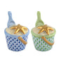 The Beach Bucket Collection by Herend features two small hand-painted ceramic containers with handles and spoons, decorated in blue and green with gold starfish lids, crafted in the style of fine white porcelain.