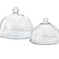 The Zodax Loulou Optic Pastry Glass Plates feature clear glass cloches with knobs and matching round bases, ideal for displaying desserts elegantly against a white background.
