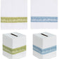 Paris Bath Accessories featuring two white premium linen towels and two matching square tissue box covers, one pair with lime green lattice trim and the other with light blue lattice trim.