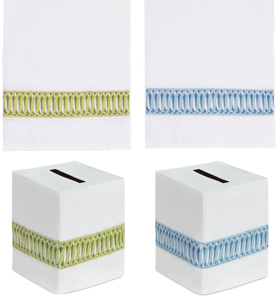 Paris Bath Accessories featuring two white premium linen towels and two matching square tissue box covers, one pair with lime green lattice trim and the other with light blue lattice trim.