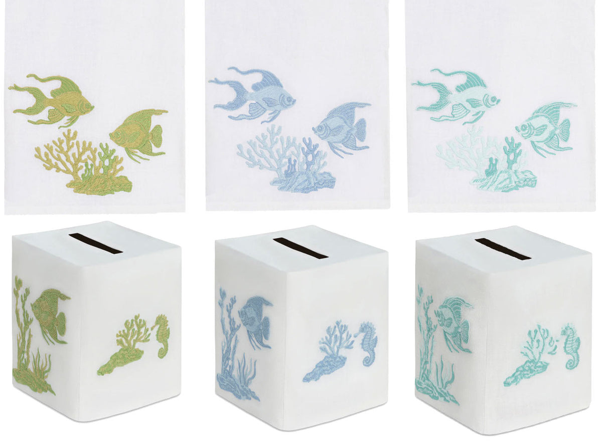 Deep Water Fish Bath Collection: three sets of premium linen towels and tissue box covers embroidered with coral reefs, fish, and seahorses in green, blue, or teal.