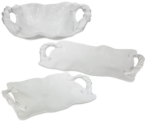 Three white melamine serving platters—one oval, two rectangular—from the Beatriz Ball Vida Sasha Serveware Collection are displayed on a white background, perfect for outdoor entertaining.