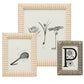 Three striped Toluca frames from Pigeon & Poodle display botanical illustrations, a tennis racket sketch, and an ornate letter "P" against a plain backdrop.