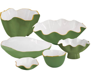 A set of six green and white ruffled-edge bowls with gold trim from Beatriz Ball's Encanto Leaf Green & White Serveware Collection, shown on a white background.