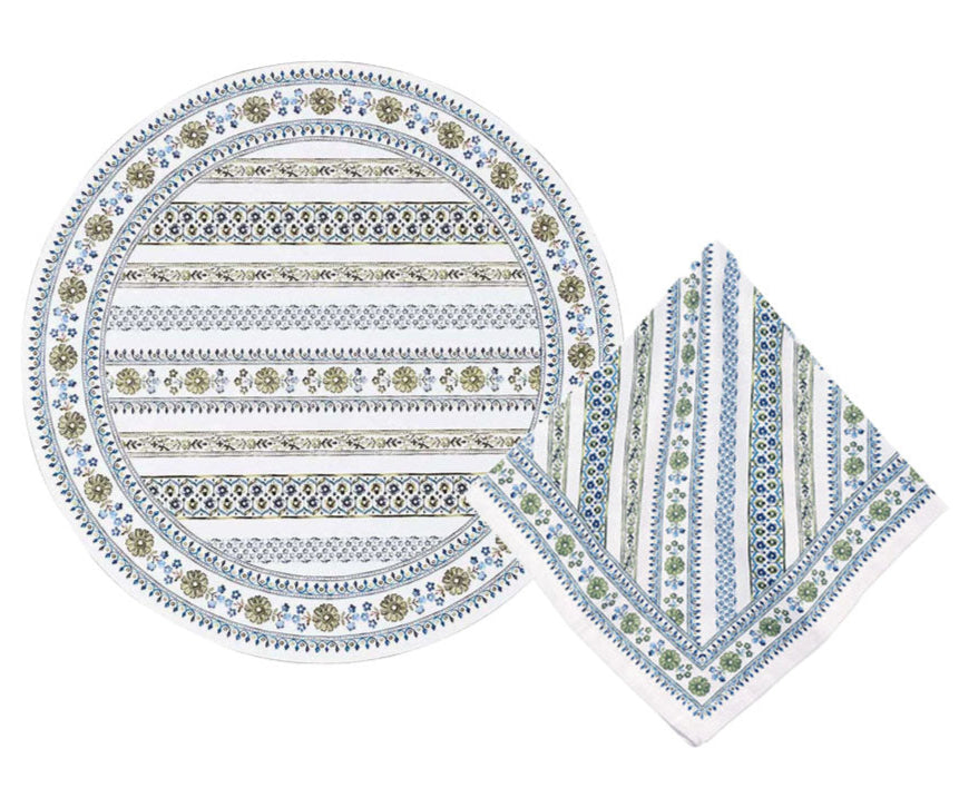 The Seville Green Stripe Table Linen Collection by Juliska features a round plate and folded napkin with coordinating blue, green, and gold floral and stripe designs inspired by Spanish countryside charm.