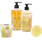 The Baobab Collection Miami Body Wellness Collection by Baobab includes a candle, liquid soap, lotion with pumps, and yellow soap bar, all decorated with a colorful cityscape and infused with a fresh summer-like Miami scent.