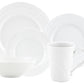 The Vecchio White Dinnerware Collection by Ginori 1735 features a dinner plate, salad plate, bowl, and mug adorned with decorative patterns.