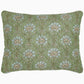 The Jeeva Sage Bedding Collection by John Robshaw features a rectangular pillow with a quilt-inspired sage green background and a blue, white, and beige floral pattern on soft cotton voile.