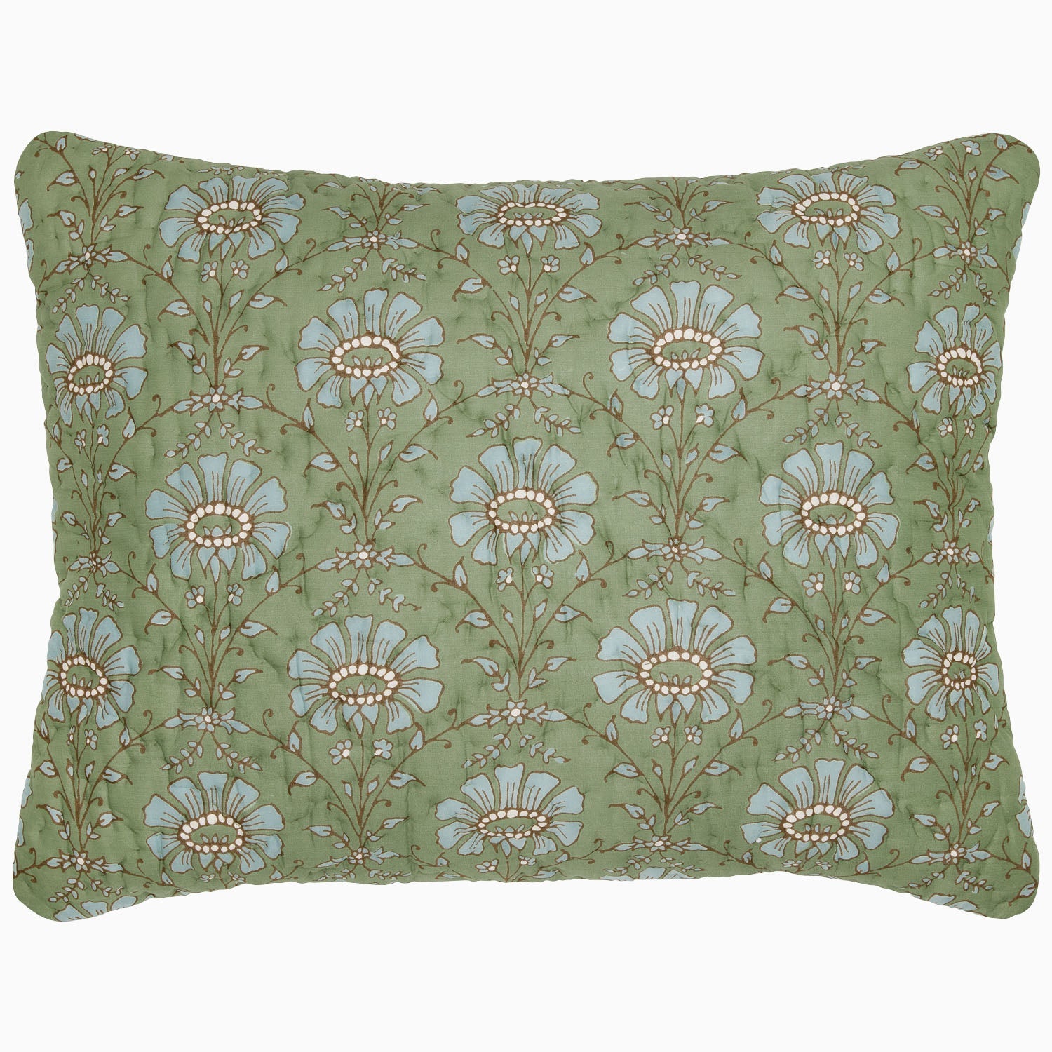 The Jeeva Sage Bedding Collection by John Robshaw features a rectangular pillow with a quilt-inspired sage green background and a blue, white, and beige floral pattern on soft cotton voile.