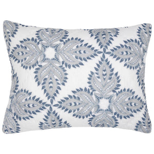 The Dasati Lapis King Sham by HIVE Home, Gift and Garden features a white background with blue and gray geometric floral patterns, crafted from pure cotton voile for extra softness.