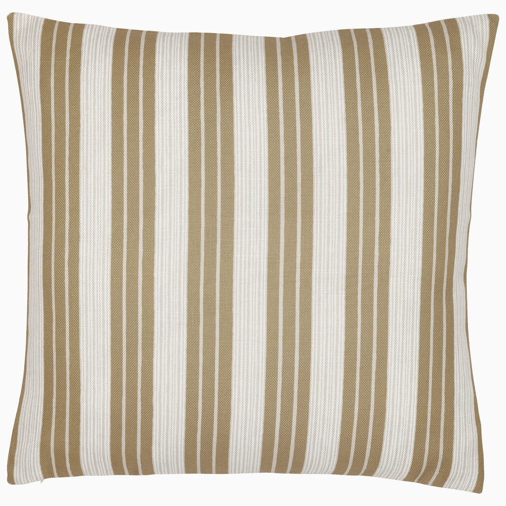 The John Robshaw Vintage Stripe Outdoor Pillow features tan and white stripes, shown on a plain white background. Sun and rain resistant for lasting style and comfort.