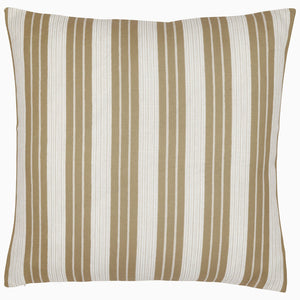 The John Robshaw Vintage Stripe Outdoor Pillow features tan and white stripes, shown on a plain white background. Sun and rain resistant for lasting style and comfort.