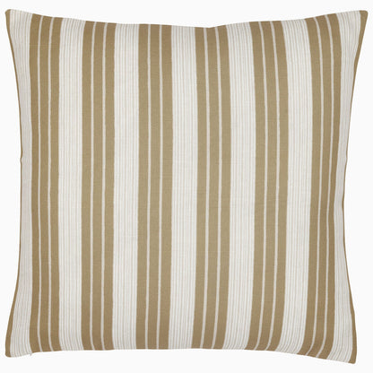 The John Robshaw Vintage Stripe Outdoor Pillow features tan and white stripes, shown on a plain white background. Sun and rain resistant for lasting style and comfort.