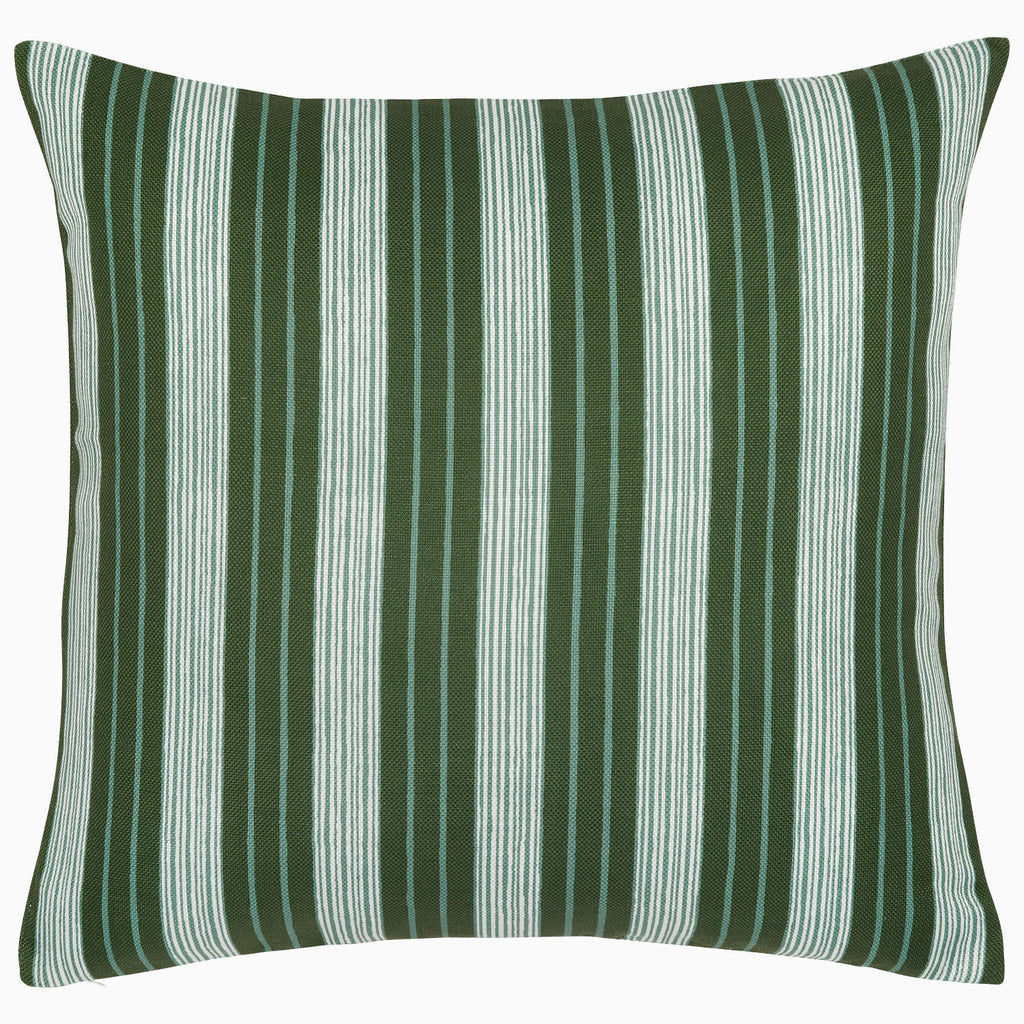 The John Robshaw Vintage Stripe Outdoor Pillow features vintage green and white stripes on sun- and rain-resistant fabric, shown against a plain white background.