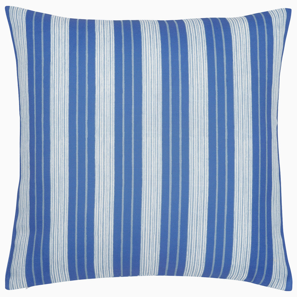 The John Robshaw Vintage Stripe Outdoor Pillow features vintage blue and white vertical stripes and is sun and rain resistant—ideal for adding classic style to your patio or garden seating.