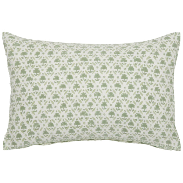 The John Robshaw Sanya Sage Kidney Pillow showcases a rectangular shape with sage block print and intricate green and white floral patterns.