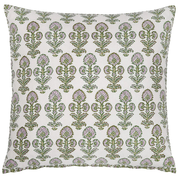 Enhance your decor with the John Robshaw Ojas Lavender Pillow, featuring a square design crafted from a linen-cotton blend. It showcases hand block printed purple and green floral motifs on a white background, offering both elegance and precision.