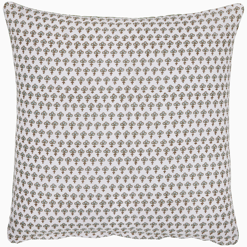 The Jeeva Sage Bedding Collection by John Robshaw features a square pillow with a white background, adorned with small brown and blue floral motifs, crafted from soft cotton voile for added comfort.