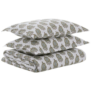 The Nilay Leaf Bedding Collection by John Robshaw includes two pillowcases and a flat sheet with a green and gold paisley design on white, offering luxury comfort to pair perfectly with your organic cotton duvet.