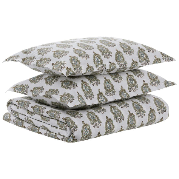 A neatly folded bedding set from the John Robshaw Nilay Leaf Collection, featuring a luxury duvet style with a paisley motif, includes two pillows and a blanket, all showcased against a plain white background.