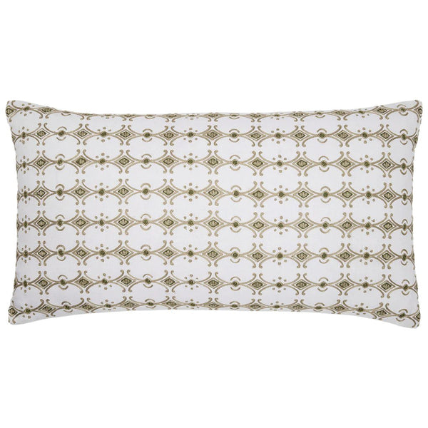 John Robshaw Veda Sage Bolster Pillow by John Robshaw features a geometric design in green and white on cotton linen.