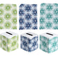 Ten tissue box covers from the Haute Home Radiant Bath Collection, crafted from premium linen and adorned with starburst patterns in vibrant orange, green, blue, teal, and pink—perfect for elevating your home décor. Shown in both front and top views.