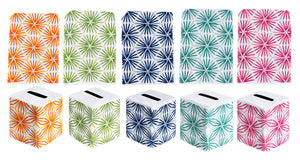 Ten tissue box covers from the Haute Home Radiant Bath Collection, crafted from premium linen and adorned with starburst patterns in vibrant orange, green, blue, teal, and pink—perfect for elevating your home décor. Shown in both front and top views.