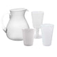 The Memento White Acrylic Drinkware Collection features a clear pitcher with handle and three transparent glasses of varying shapes and sizes—functional, stylish acrylic pieces ideal for outdoor dining.