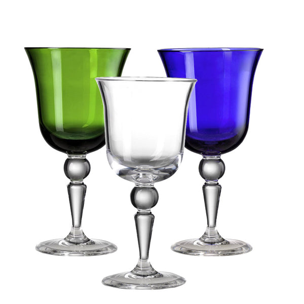 The St Moritz Acrylic Drinkware Collection by Mario Luca Giusti offers three elegant wine glasses with vibrant bowls in green, clear, and blue. Featuring slender stems and round bases, these colorful glasses are perfect for adding sophistication to any outdoor tablescape.