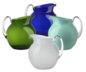 The Acrylic Palla Pitcher Collection by Mario Luca Giusti features four pitchers in green, blue, light blue, and white with clear handles, beautifully arranged together on a white background.