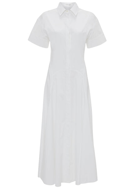 A white, short-sleeved Victoria Beckham Panelled Shirt Dress made from organic cotton features a tailored design with a collared neckline, button-front closure, and a full-length skirt displayed on a white background.